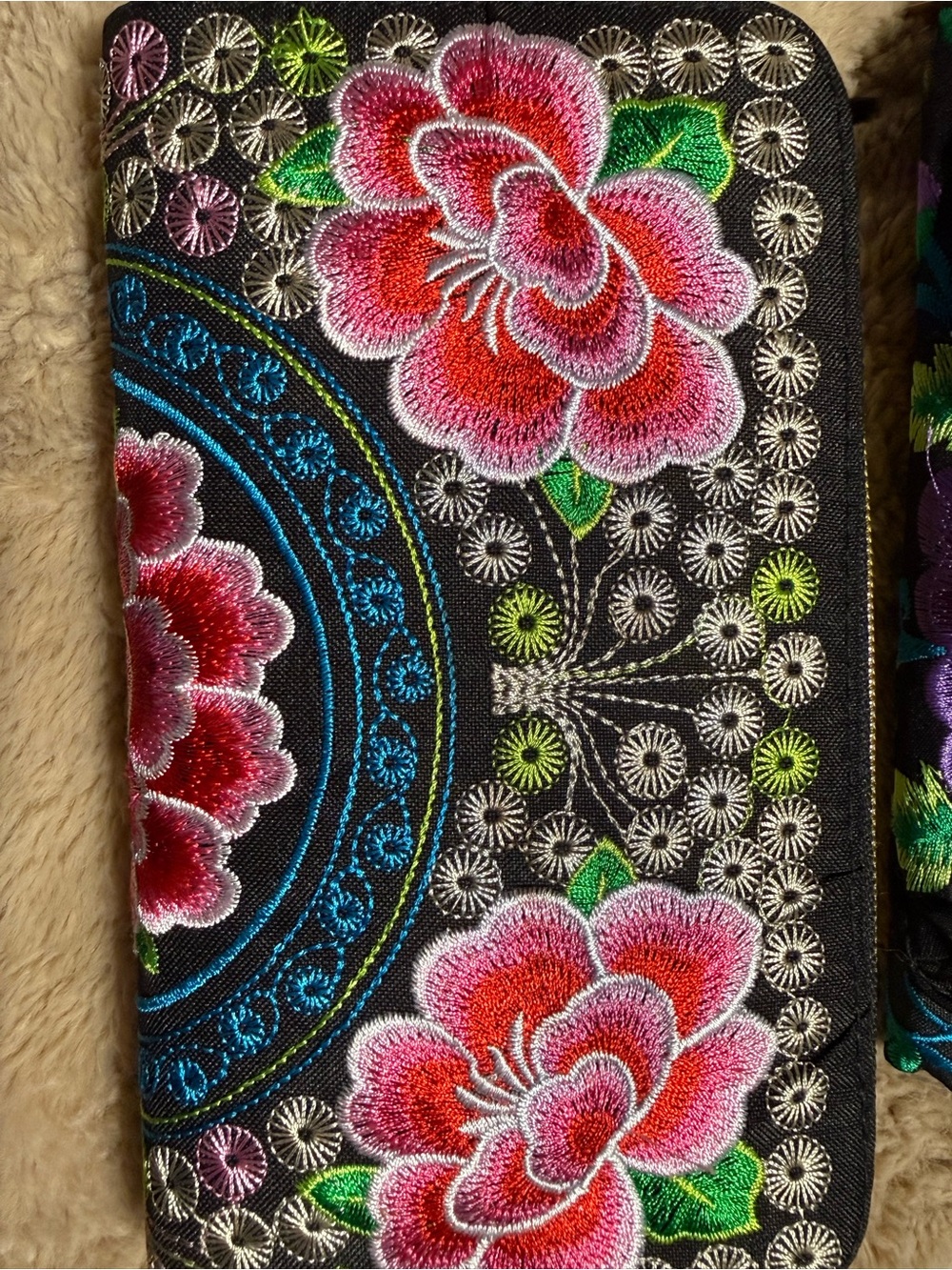 Embroidered Floral Zip Wallet - Black with Pink Flowers